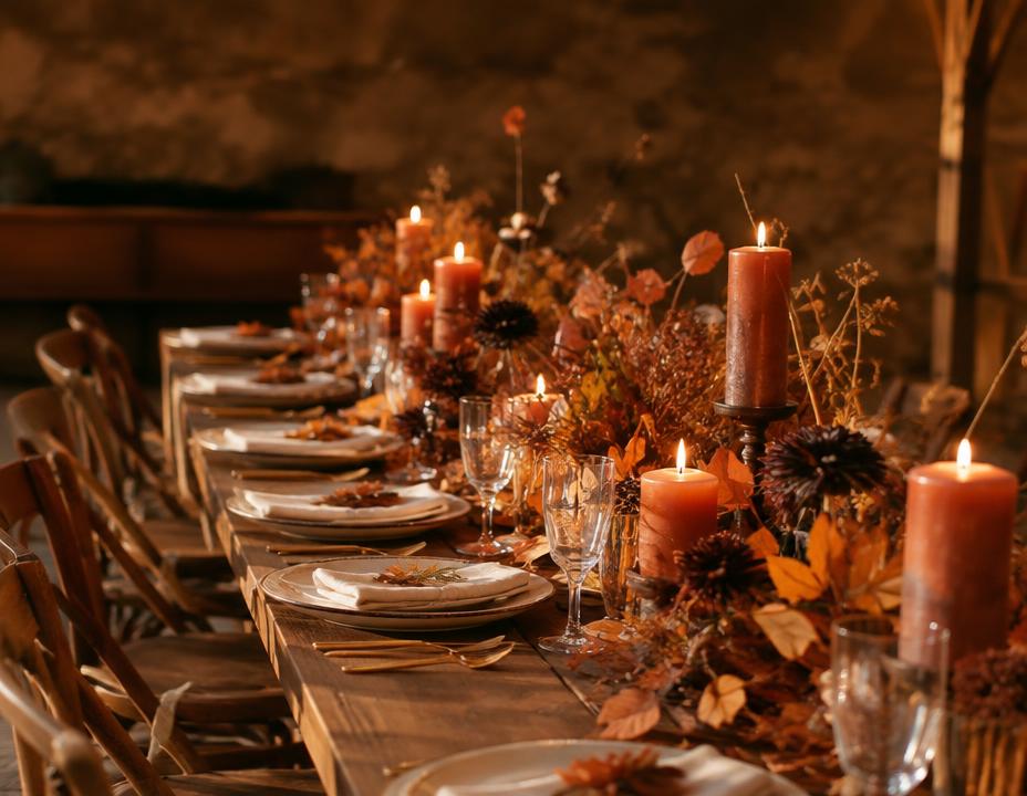 Table de mariage avec bougies et feuilles d'automne